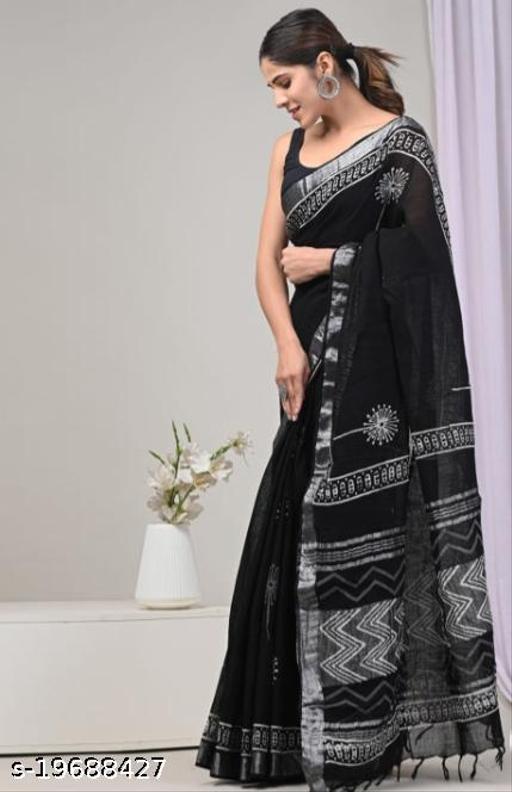 Hand Block Batik Indigo Ajrakh Ikkat Printed Cotton Linen Saree with Free Matching Blouse Piece For Women - amamestyle