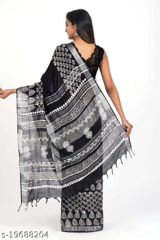 Pallo Latke Women's Jaipuri Hand Block Printed Cotton Linen Saree With Matching Blouse piece - amamestyle