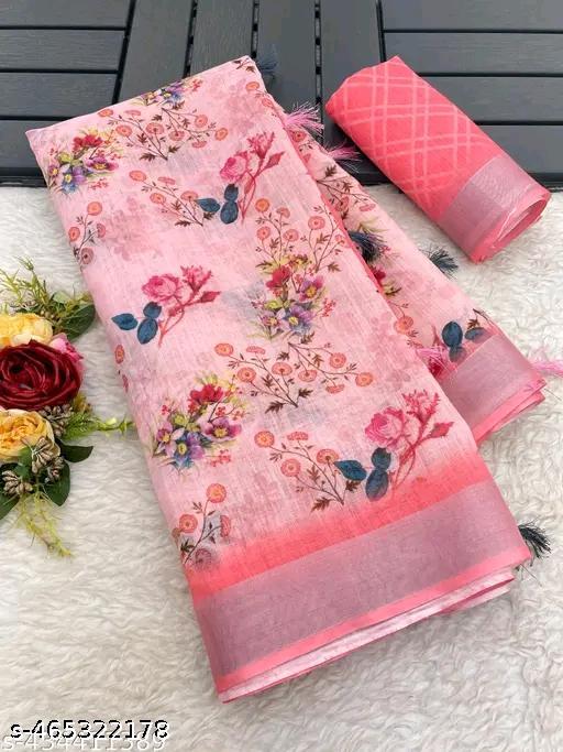 COTTON LINEN PRINTED  DESIGNER PARTYWEAR WEDDING TRADITIONAL BEST NEW LATEST  TRENDING  COLLECTION OF BEAUTIFUL SAREES WITH BLOUSE - amamestyle