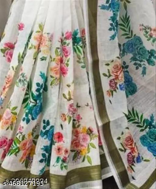 Ditya Fashion Women White Digital Printed Linen Cotton Saree - amamestyle