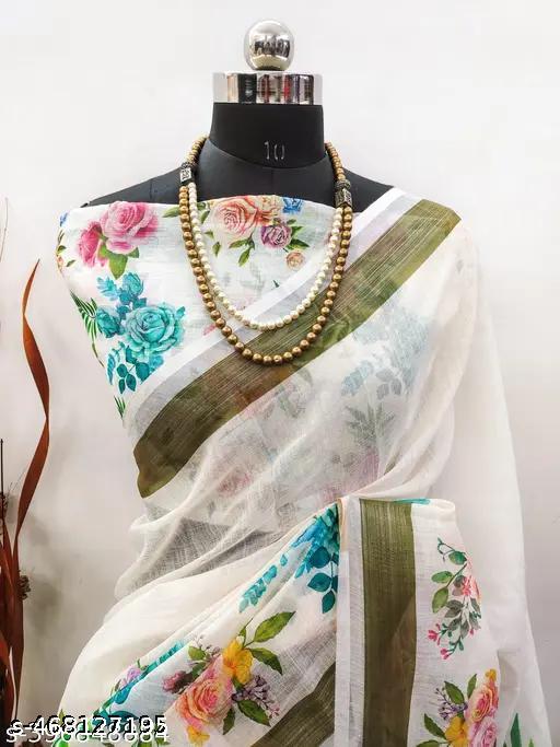 Ditya Fashion Women White Digital Printed Linen Cotton Saree - amamestyle