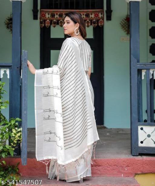 Designer Cotton Linen Saree White - amamestyle