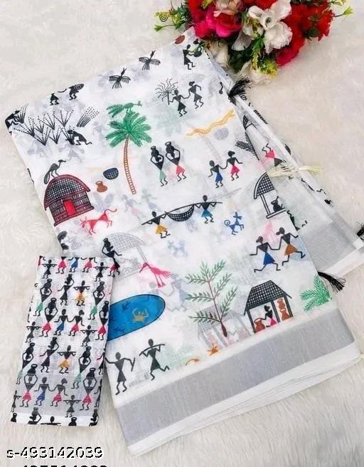 white cotton digital printed saree - amamestyle