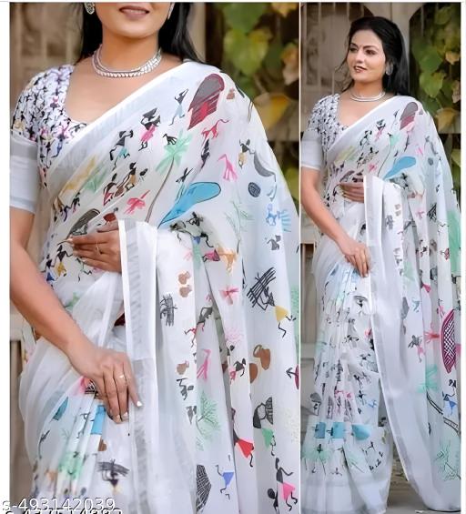 white cotton digital printed saree - amamestyle