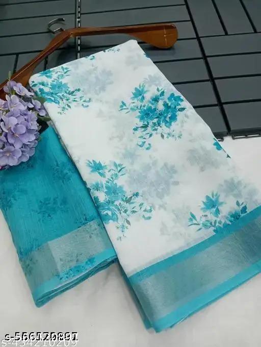 Women's Floral Printed Cotton Linen Saree with Kantha Stitch Detailing – Ethnic Digital Print Saree for All Occasions - amamestyle