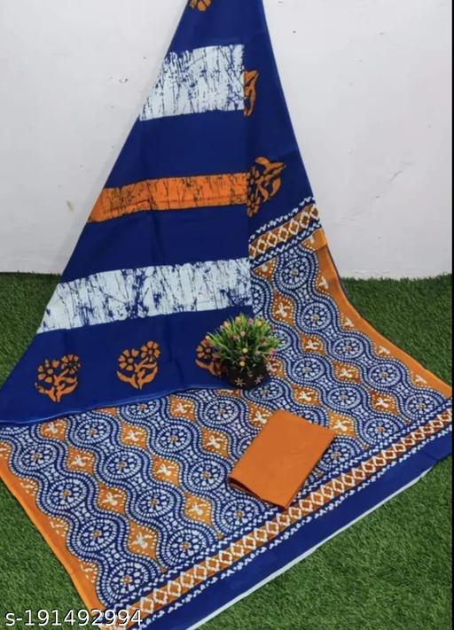 Jaipuri Hand Block Printed Soft Cotton Mulmul Saree ,Sanganeri Cotton Malmal Saree, Bagru Cotton Saree, Batic / Batik Print Cotton saree In Super Fine 92*80 Fabric Quality With Attached Blouse Piece for Woman - amamestyle
