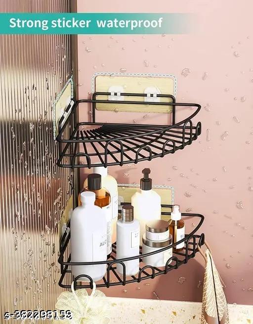 (Pack Of 2) Self-Adhesive Metal Kitchen and Bathroom Corner Rack Storage Shelves Shelf Organizer Storage Stainless Steel Wall Shelf Corner-Black Bath Shelves - Anuloria 