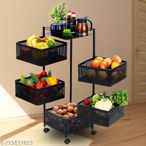 Kitchen Storage Rack | Revolving Vegetable Rack | Square Multipurpose Storage Trolley with Wheels | Metal Fruit Rack (Black, 5 Layer) - Anuloria 