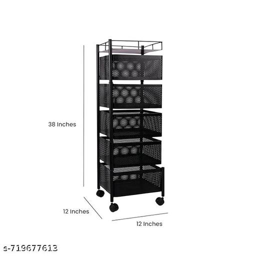 Kitchen Storage Rack | Revolving Vegetable Rack | Square Multipurpose Storage Trolley with Wheels | Metal Fruit Rack (Black, 5 Layer) - Anuloria 