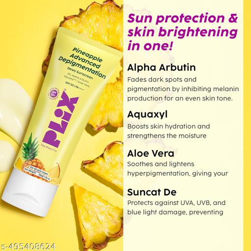 - THE PLANT FIX Pineapple Advanced Depigmentation Dewy Sunscreen SPF 50 PA++++ | Alpha Arbutin & Aquaxyl | Reduces Pigmentation, Protects from UV & Blue Light, Hydrates Skin | Vegan & Paraben-Free | 50g - Triffystore 