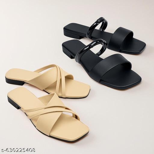 Beige + Black Women Sandal Combo | Trending Cross Strap + Modern Slide | Daily Wear Best Seller - Triffystore 
