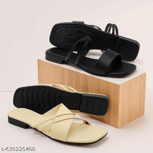 Beige + Black Women Sandal Combo | Trending Cross Strap + Modern Slide | Daily Wear Best Seller - Triffystore 