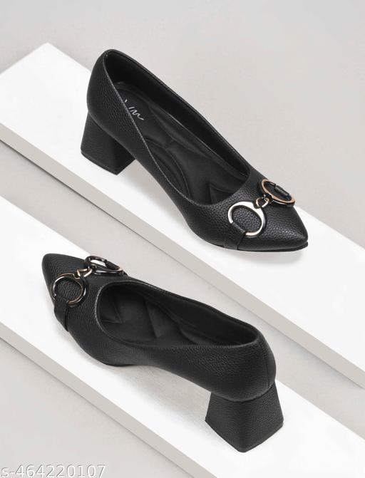 JM LOOKS Women's Pointed Toe Block Heel Pumps with Double Ring Chain Detail – Stylish Textured Formal Sandal for Women - Triffystore 