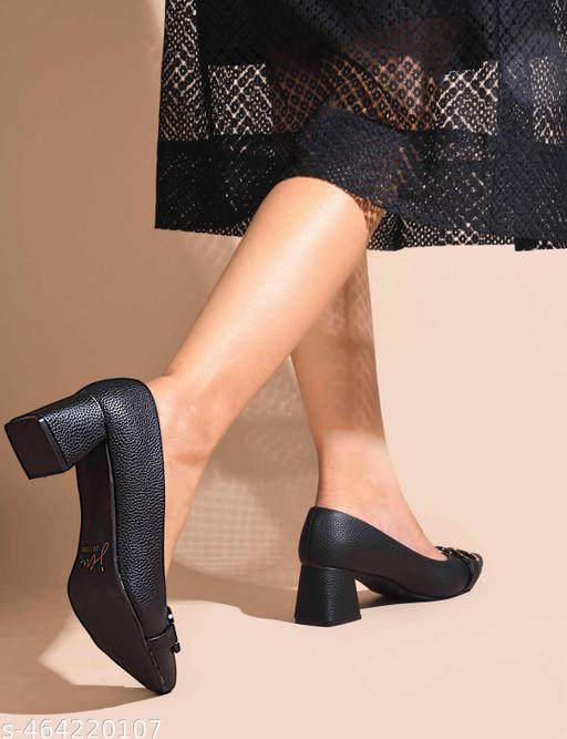 JM LOOKS Women's Pointed Toe Block Heel Pumps with Double Ring Chain Detail – Stylish Textured Formal Sandal for Women - Triffystore 