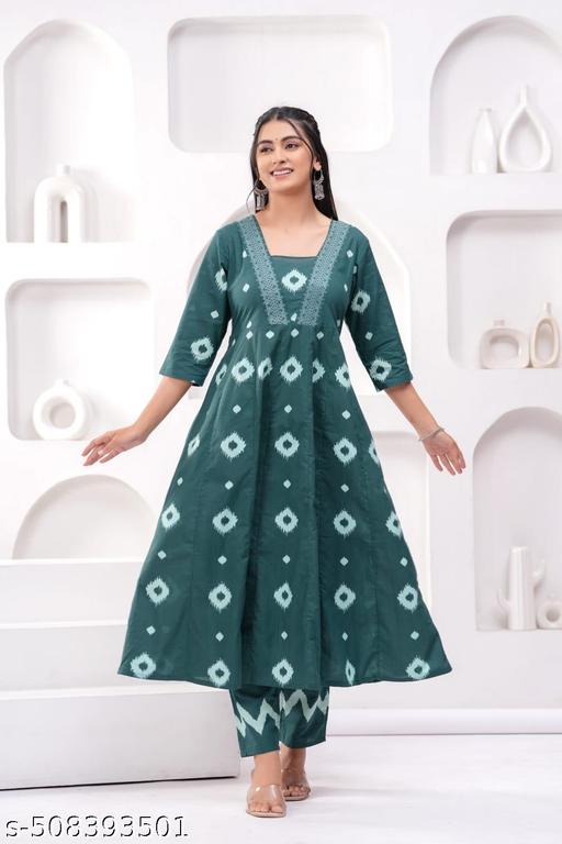Womens Beautiful cotton Aliya Cut Embroidered Kurti With Pant and Dupatta Set - Triffystore 