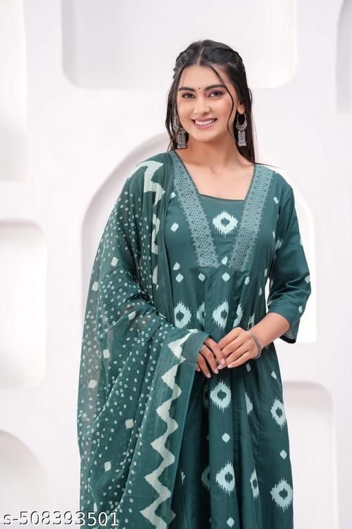 Womens Beautiful cotton Aliya Cut Embroidered Kurti With Pant and Dupatta Set - Triffystore 
