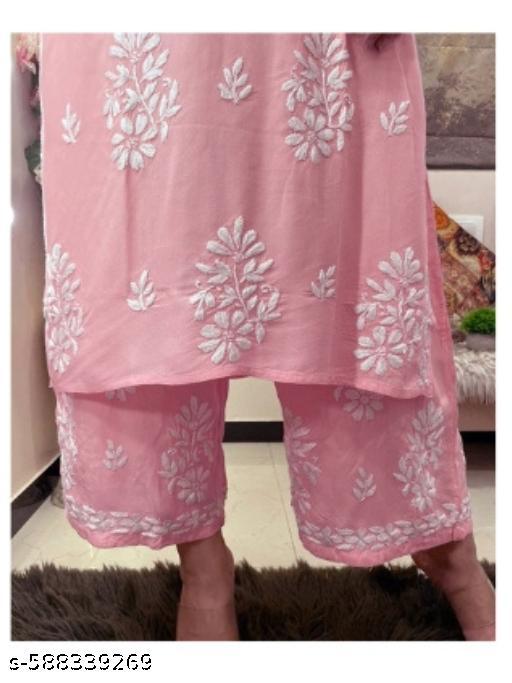 Women Chikankari Plus Size Kurta With Palazzos Set  - Triffystore 