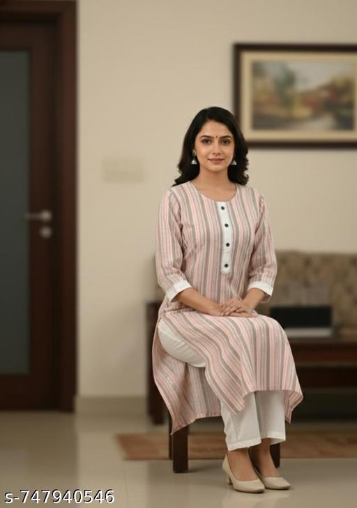 Orange Stripped Cotton Kurti with pant  - Triffystore 