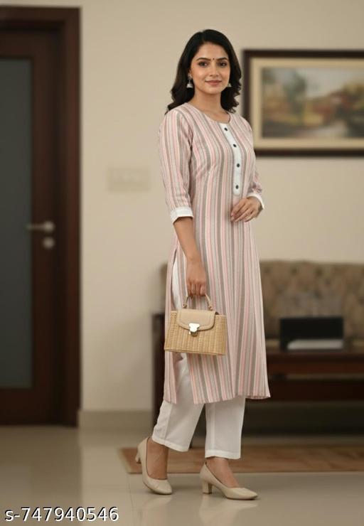 Orange Stripped Cotton Kurti with pant  - Triffystore 