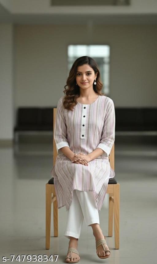 Pink Stripped Cotton Kurti with pant  - Triffystore 