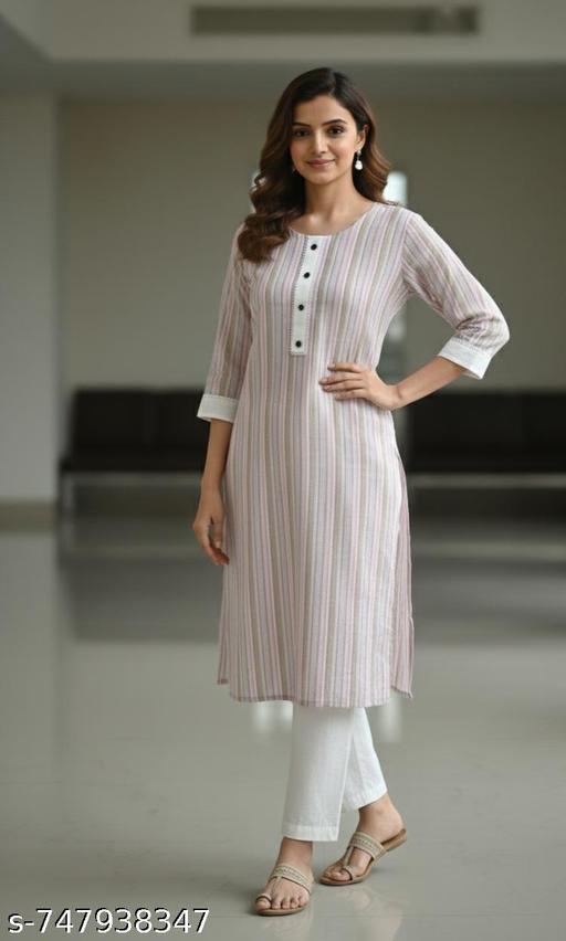 Pink Stripped Cotton Kurti with pant  - Triffystore 