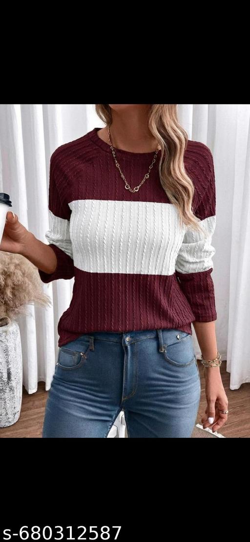 Women's Stylish Ribbed Knit Color Block Top - Maroon & White Full Sleeve Round Neck Casual T-Shirt for Girls - amamestyle