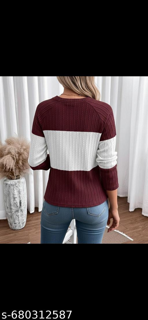 Women's Stylish Ribbed Knit Color Block Top - Maroon & White Full Sleeve Round Neck Casual T-Shirt for Girls - amamestyle