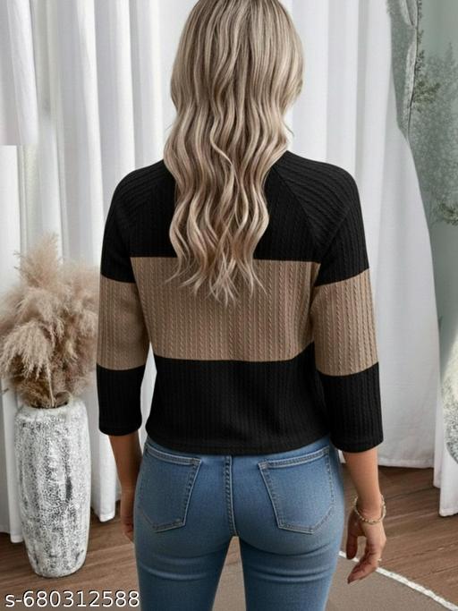 Women's Stylish Ribbed Knit Color Block Top - Black & Mouse Brown Full Sleeve Round Neck Casual T-Shirt for Girls - amamestyle