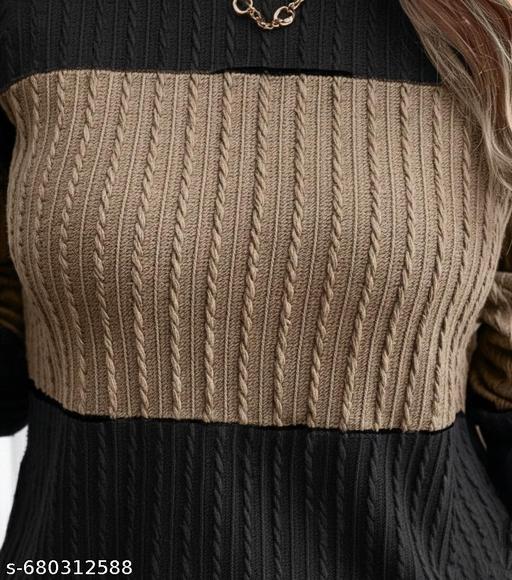 Women's Stylish Ribbed Knit Color Block Top - Black & Mouse Brown Full Sleeve Round Neck Casual T-Shirt for Girls - amamestyle