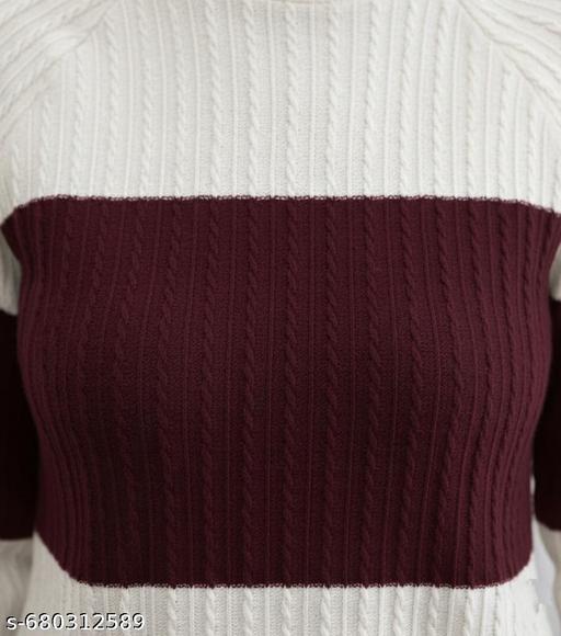 Women's Stylish Ribbed Knit Color Block Top - White & Maroon  Full Sleeve Round Neck Casual T-Shirt for Girls - amamestyle