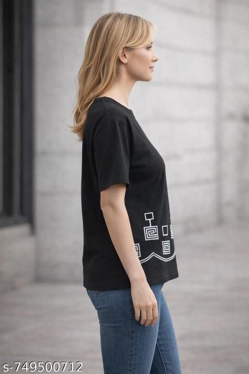 Women Textured Cotton Blend T-Shirt with Ethnic Border Print | Casual Regular Fit Top | Pack of 1 & Pack of 2 Combo Available - Triffystore 