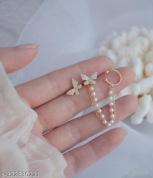 Korean Pearl Chain Ear Cuff Butterfly Stud Earrings For Women/Girls - Akhilo.com