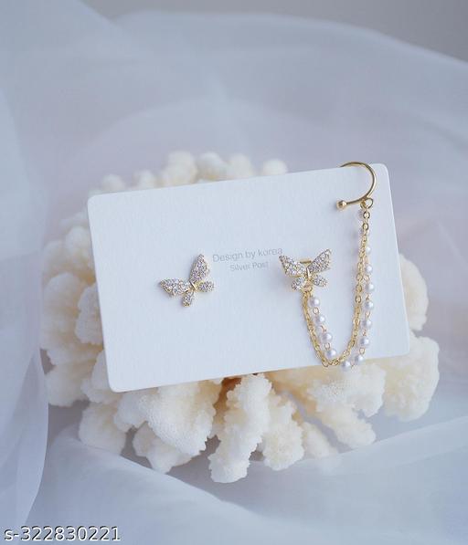 Korean Pearl Chain Ear Cuff Butterfly Stud Earrings For Women/Girls - Akhilo.com