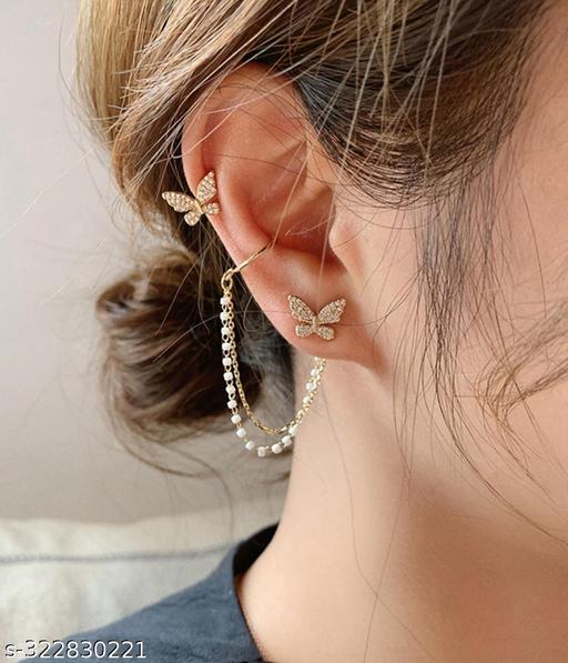 Korean Pearl Chain Ear Cuff Butterfly Stud Earrings For Women/Girls - Akhilo.com