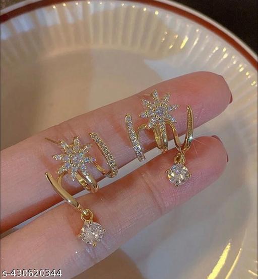 AMERICAN DIAMOND STONE KOREAN BEAUTIFUL PRINCESS 22K GOLDEN PLATED EARRINGS  - Akhilo.com