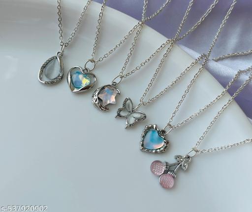 Pack Of 6 Classy Trendy Aesthetic Silver AD Charm Pendant Necklace Set For Women And Girls . | Accessories | Gift | Korean | Minimal | Neckpiece | Aesthetic Jewellery | Trendy Pinteresty Necklaces  - Akhilo.com