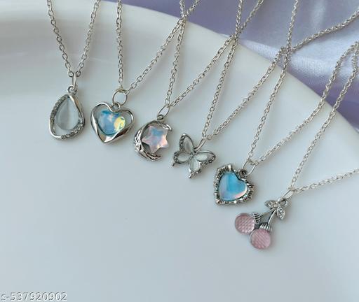 Pack Of 6 Classy Trendy Aesthetic Silver AD Charm Pendant Necklace Set For Women And Girls . | Accessories | Gift | Korean | Minimal | Neckpiece | Aesthetic Jewellery | Trendy Pinteresty Necklaces  - Akhilo.com