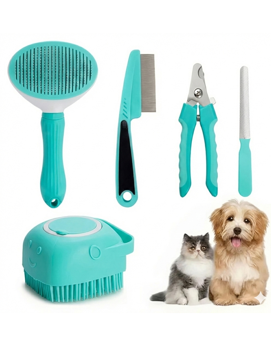 4-in-1 Pet Grooming Kit – Hair Remover Comb, Flea Comb, Shampoo Brush & Nail Clippers