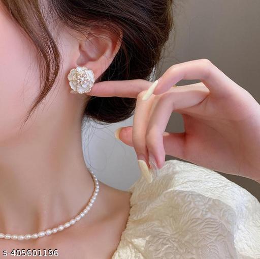 Latest korean style White pearl  Rose Studs for Women and Girls - Akhilo.com