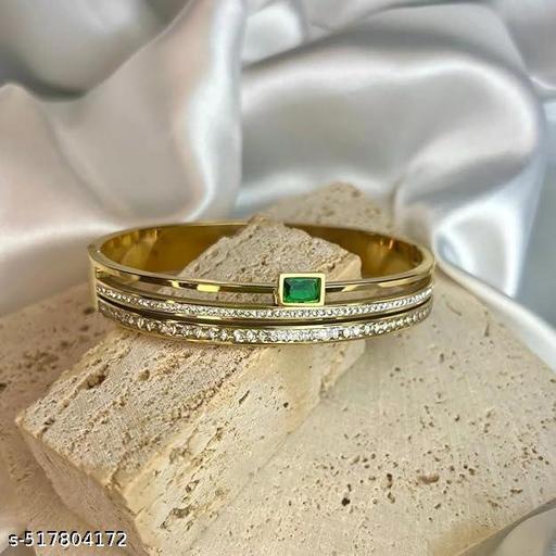  Akhilo.com Waterproof 18K Gold-Plated Demi-Fine Green Stone & White Cubic Zirconia Studded Anti Tarnish Bracelet | High Grade Stainless Steel Gold Bracelet for daily use and Office wear | Gold  - Akhilo.com