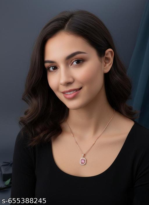 Rose Gold Bar-Chain Necklace with Square Pink Tourmaline Pendant For Girls and Women  - Zalgea