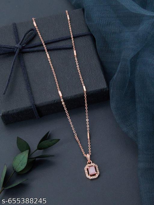 Rose Gold Bar-Chain Necklace with Square Pink Tourmaline Pendant For Girls and Women  - Zalgea
