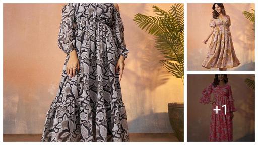 Women Elegant Grey Floral Casual Wear Dress