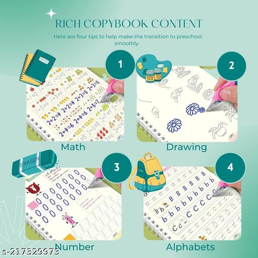 SANK Magic Book (4 Book + 10 Refill + 1 Pen +1 Grip), Practice Copybook, Number Tracing Book for Preschoolers with Pen, Caligraphy early learning Set with Reusable Writing Refill - Khan's Hub