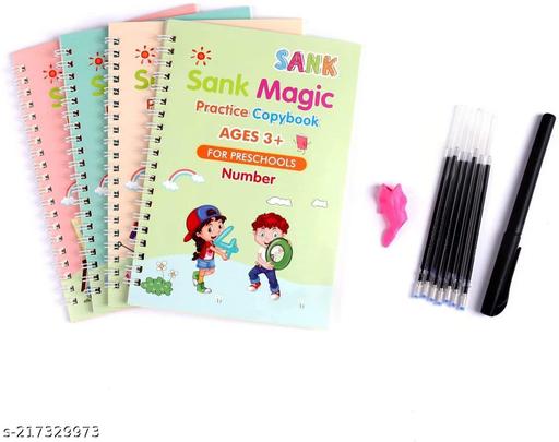 SANK Magic Book (4 Book + 10 Refill + 1 Pen +1 Grip), Practice Copybook, Number Tracing Book for Preschoolers with Pen, Caligraphy early learning Set with Reusable Writing Refill - Khan's Hub