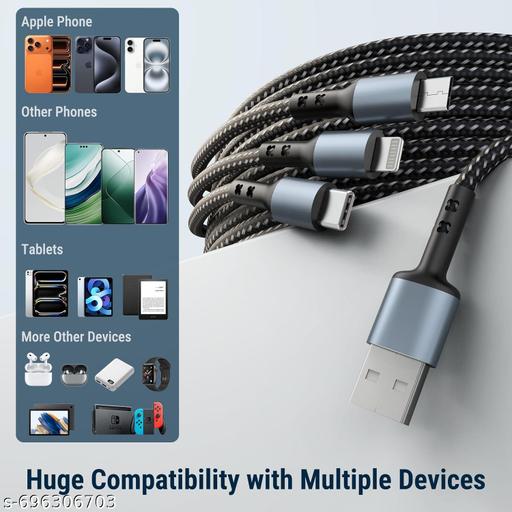 Data Transfer 60W 3-in-1 Multi Fast Charging Cable – 3A Nylon Braided 1.5M Cable with Type-C & Micro USB for iPhonee, iPad, Samsungg, , , , ,Vivoo, Xiomii, Redmii, Pocoo, Oppoo Android & Car Charging (Black) - Khan's Hub