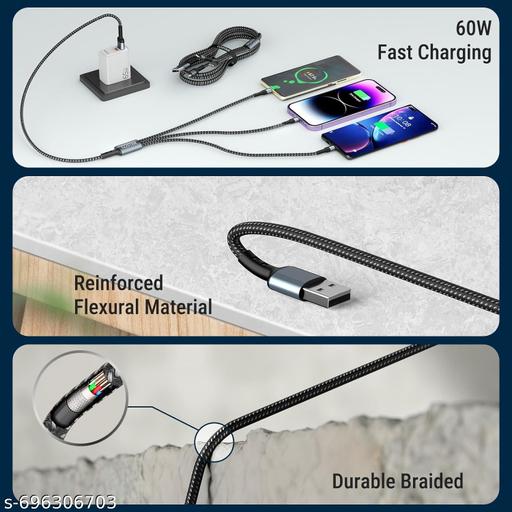 Data Transfer 60W 3-in-1 Multi Fast Charging Cable – 3A Nylon Braided 1.5M Cable with Type-C & Micro USB for iPhonee, iPad, Samsungg, , , , ,Vivoo, Xiomii, Redmii, Pocoo, Oppoo Android & Car Charging (Black) - Khan's Hub