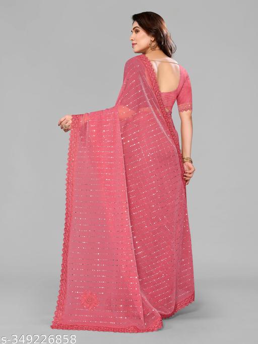 SHIMMER SAREE WITH MIRROR WORK AND CHEMICAL LACE AND DIMOND HAND WORK - Khan's Hub