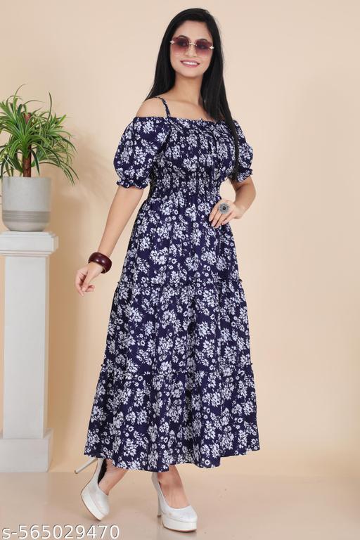 Women Fashion Floral Printed Fit and Flare Maxi Dresses Party Wear With Affordable Price - Khan's Hub