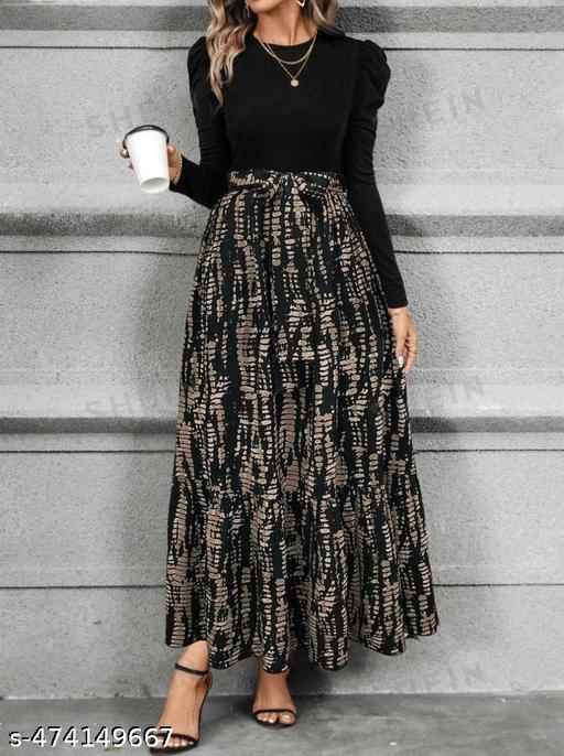 Clasi Women's Autumn Dress With Bow Tie Belt, Leaf & Floral Patchwork A-Line Skirt Maxi Women Outfit - Khan's Hub